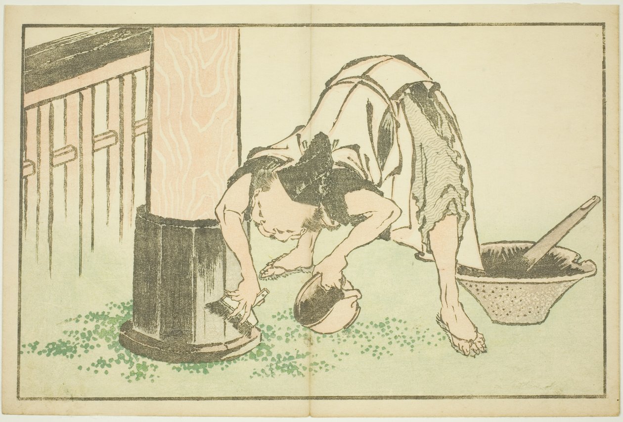 Temppelissä työskentelevä käsityöläinen Hokusain realististen maalausten kuvakirjasta (Hokusai shashin gafu) tekijältä Katsushika Hokusai