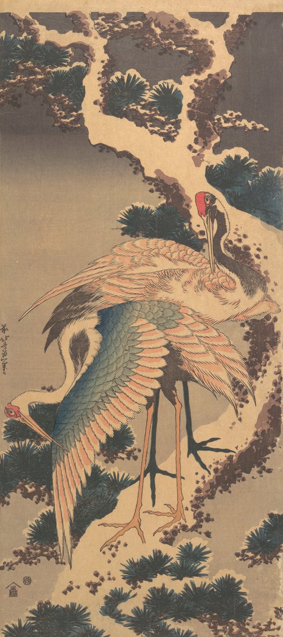 Nosturit lumen peittämän männyn oksalla, 1820-luvun lopulla. tekijältä Katsushika Hokusai