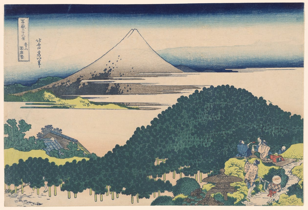 Cushion Pine Tree at Aoyama (Aoyama Enza no matsu), sarjasta "Kolmekymmentäkuusi näkymää Fuji-vuorelle (Fugaku sanjurokkei)" tekijältä Katsushika Hokusai