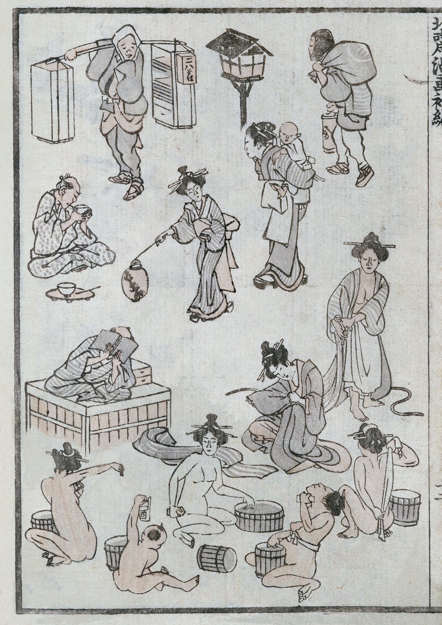Arkielämän eleitä mangasta (värillinen puupiirros) tekijältä Katsushika Hokusai