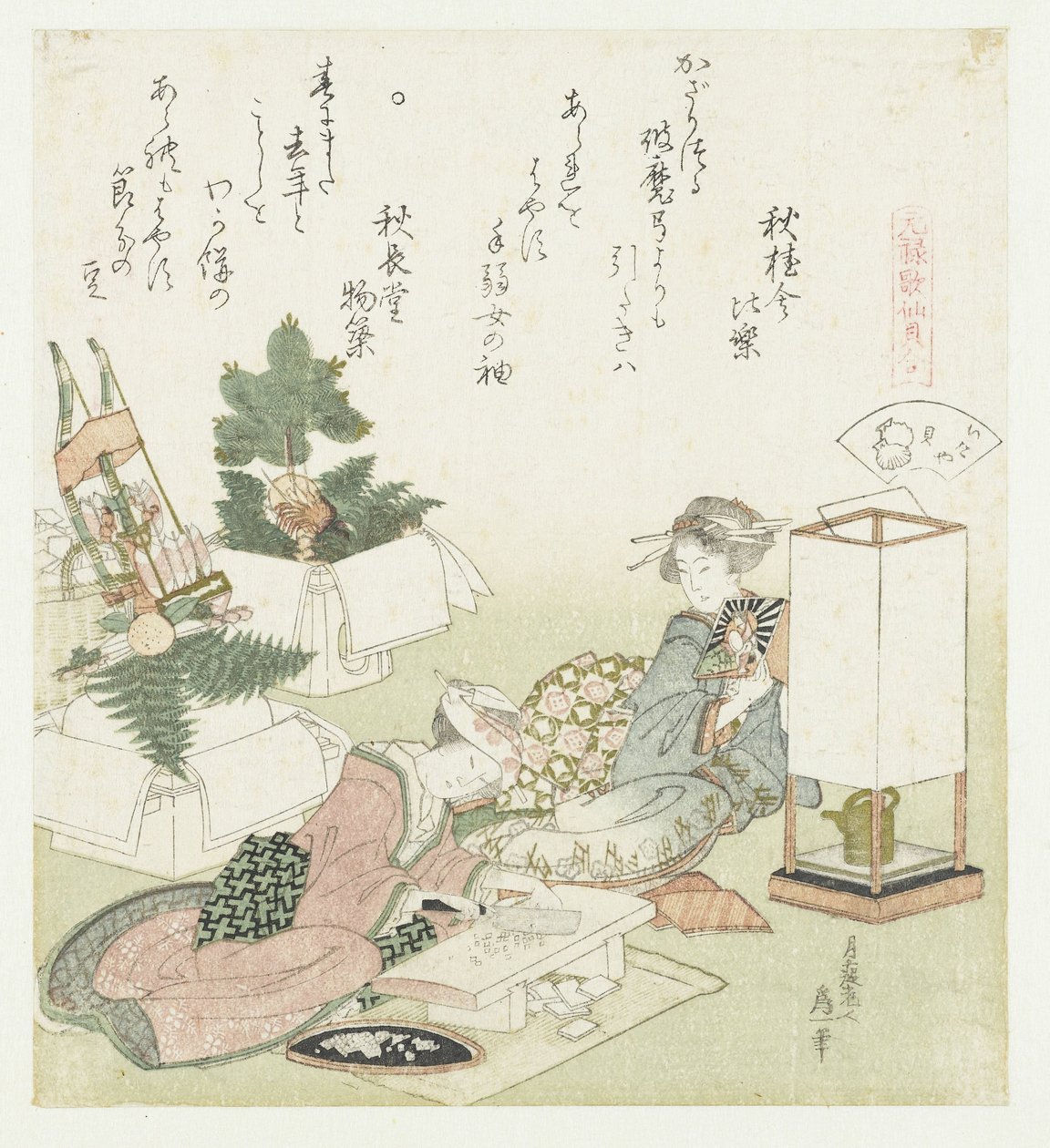 kattokuori Itayagai (otsikko esineessä) Genroku-runojen ja kuorien vertailu (sarjan nimi) Genroku kasen kaiawase (sarjan nimi esineellä) tekijältä Katsushika Hokusai