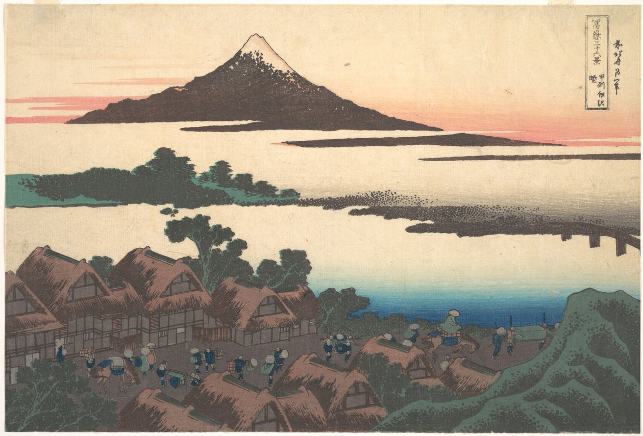 Aamunkoitto Isawassa Kain maakunnassa (Kōshū Isawa no akatsuki), sarjasta ”36 näkymää Fuji-vuorelta” (Fugaku sanjūrokkei) tekijältä Katsushika Hokusai