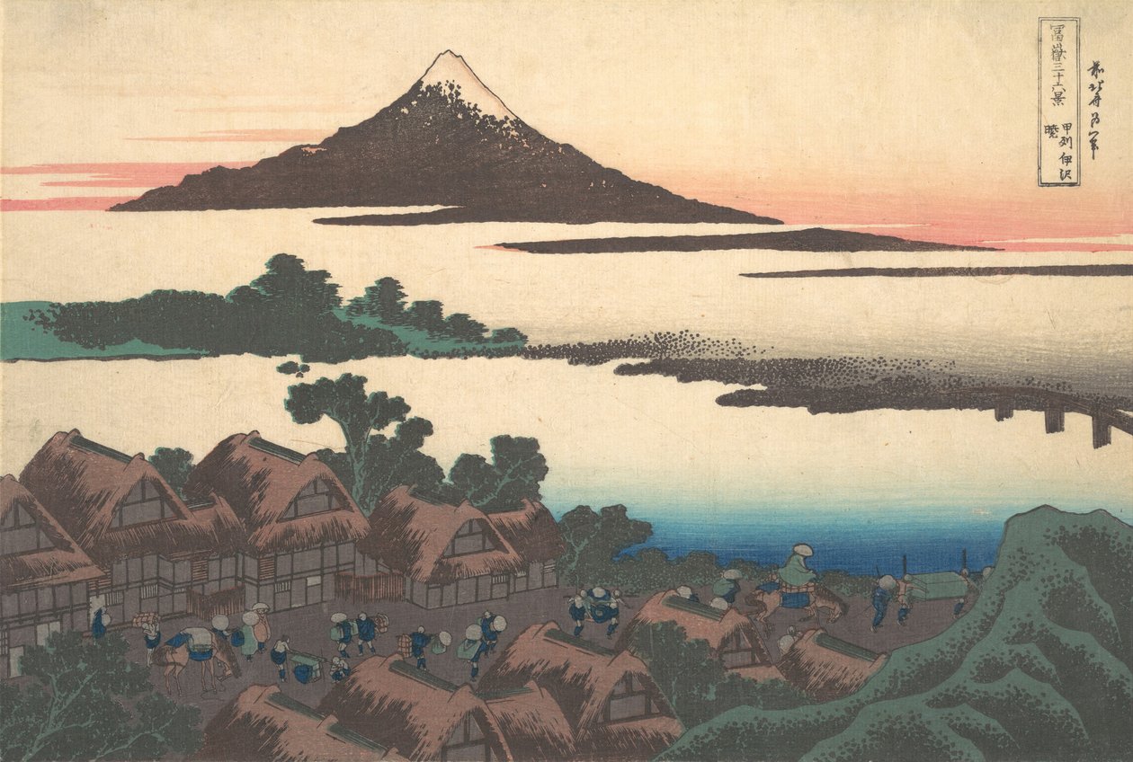 Dawn at Isawa Kain maakunnassa Koshu Isawa no akatsuki, sarjasta Thirty-six..., ca. 1830-32. tekijältä Katsushika Hokusai