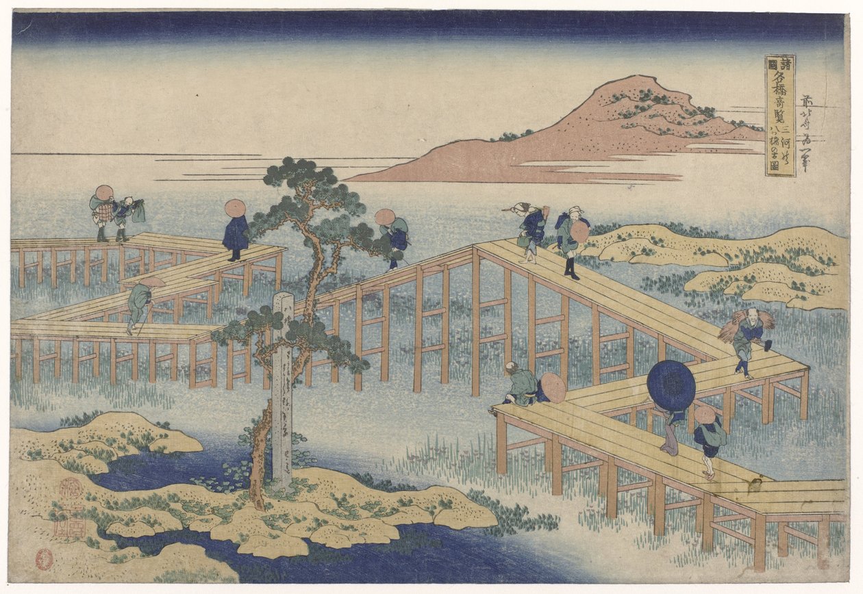 Siksak-silta Mikawan maakunnassa Mikawa no yatsuhashi no kozu (otsikko esineessä) Näkymät kuuluisista silloista provinsseissa (sarjan nimi) Shokoku Meikyo Kiran (otsikko esineessä) tekijältä Katsushika Hokusai