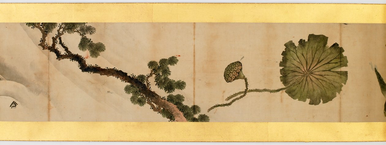 Yksityiskohta käsikääröstä, jossa on erilaisia kuvia, Edo-kausi, 1839, muste ja väri paperille. tekijältä Katsushika Hokusai