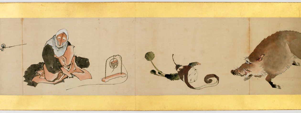 Yksityiskohta käsirullasta erilaisilla kuvilla, Edo-kausi, 1839 muste ja väri paperille tekijältä Katsushika Hokusai