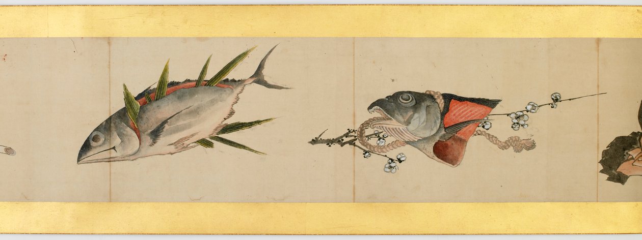 Yksityiskohta käsirullasta erilaisilla kuvilla, Edo-kausi, 1839 muste ja väri paperille tekijältä Katsushika Hokusai