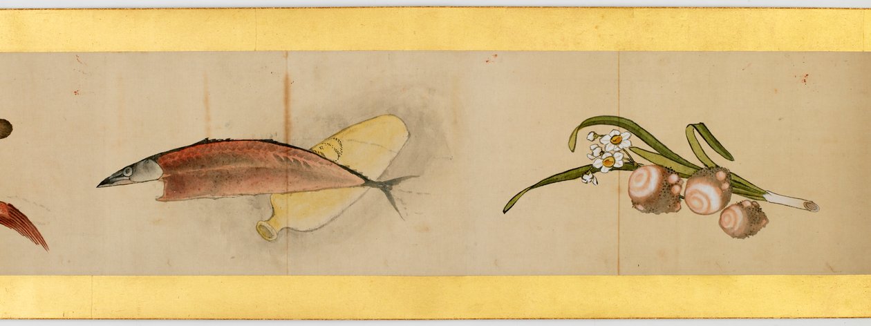Yksityiskohta käsirullasta erilaisilla kuvilla, Edo-kausi, 1839 muste ja väri paperille tekijältä Katsushika Hokusai