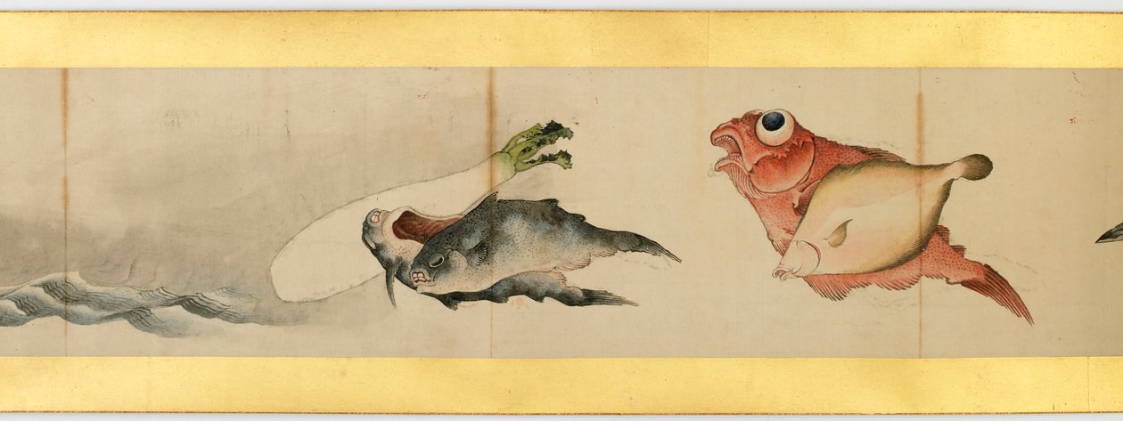 Yksityiskohta käsirullasta erilaisilla kuvilla, Edo-kausi, 1839 muste ja väri paperille tekijältä Katsushika Hokusai