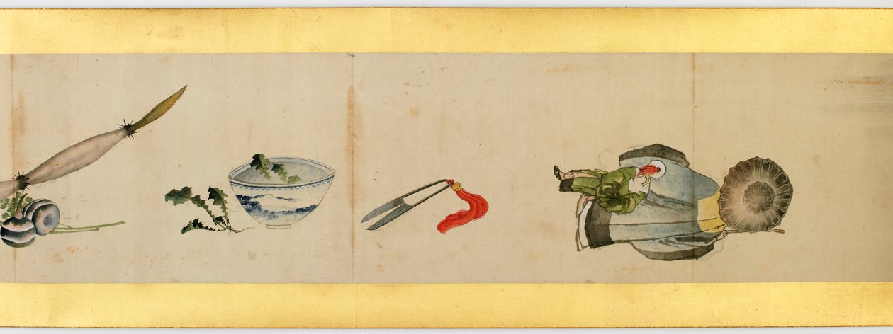 Yksityiskohta käsirullasta erilaisilla kuvilla, Edo-kausi, 1839 muste ja väri paperille tekijältä Katsushika Hokusai