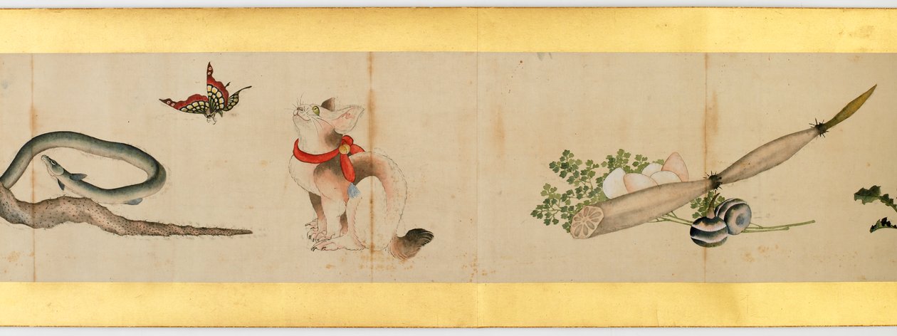 Yksityiskohta käsirullasta erilaisilla kuvilla, Edo-kausi, 1839 muste ja väri paperille tekijältä Katsushika Hokusai