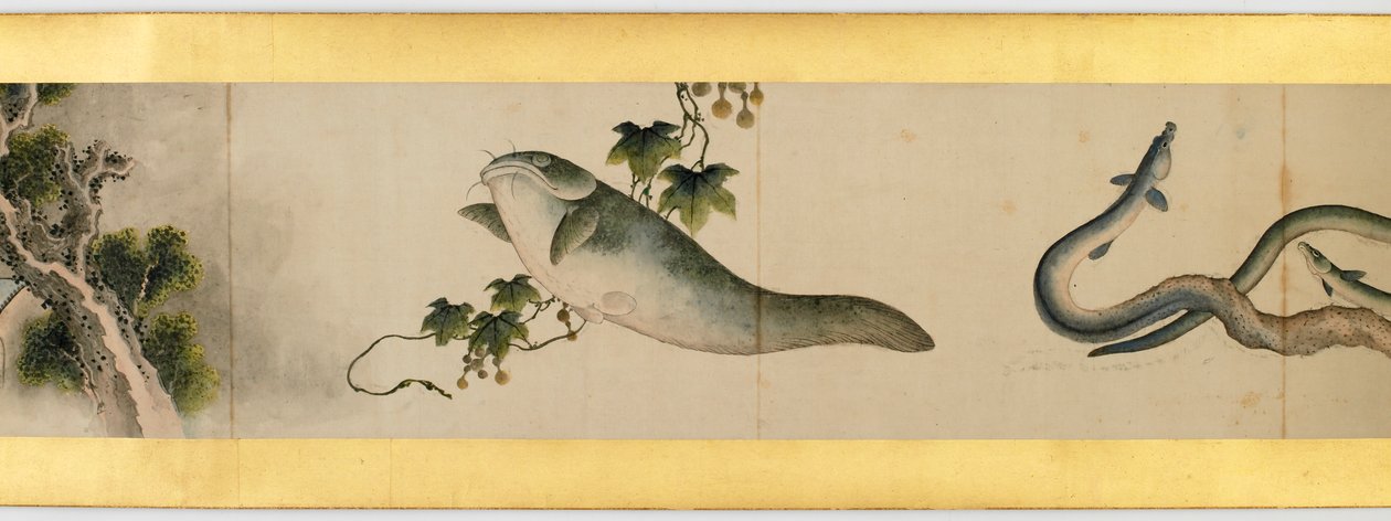 Yksityiskohta käsirullasta erilaisilla kuvilla, Edo-kausi, 1839 muste ja väri paperille tekijältä Katsushika Hokusai