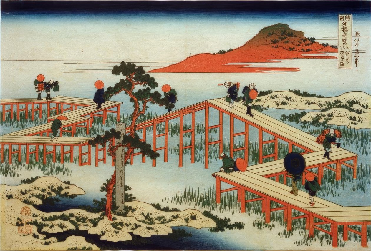 Die alte Ansicht der Yatsuhashi-Brücke in der Provinz Mikawa tekijältä Katsushika Hokusai
