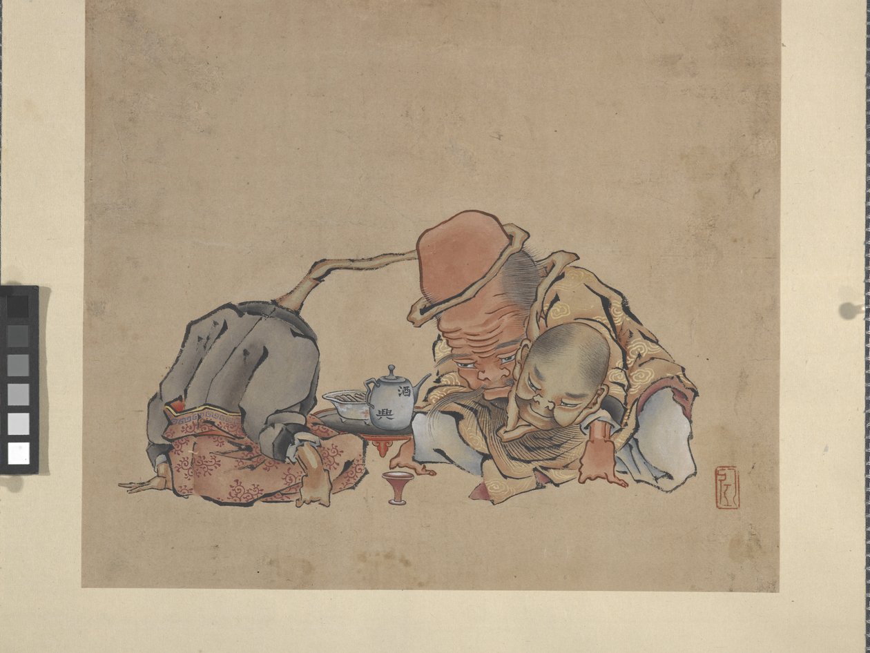 Viinin juominen (muste ja värit paperilla) tekijältä Katsushika Hokusai