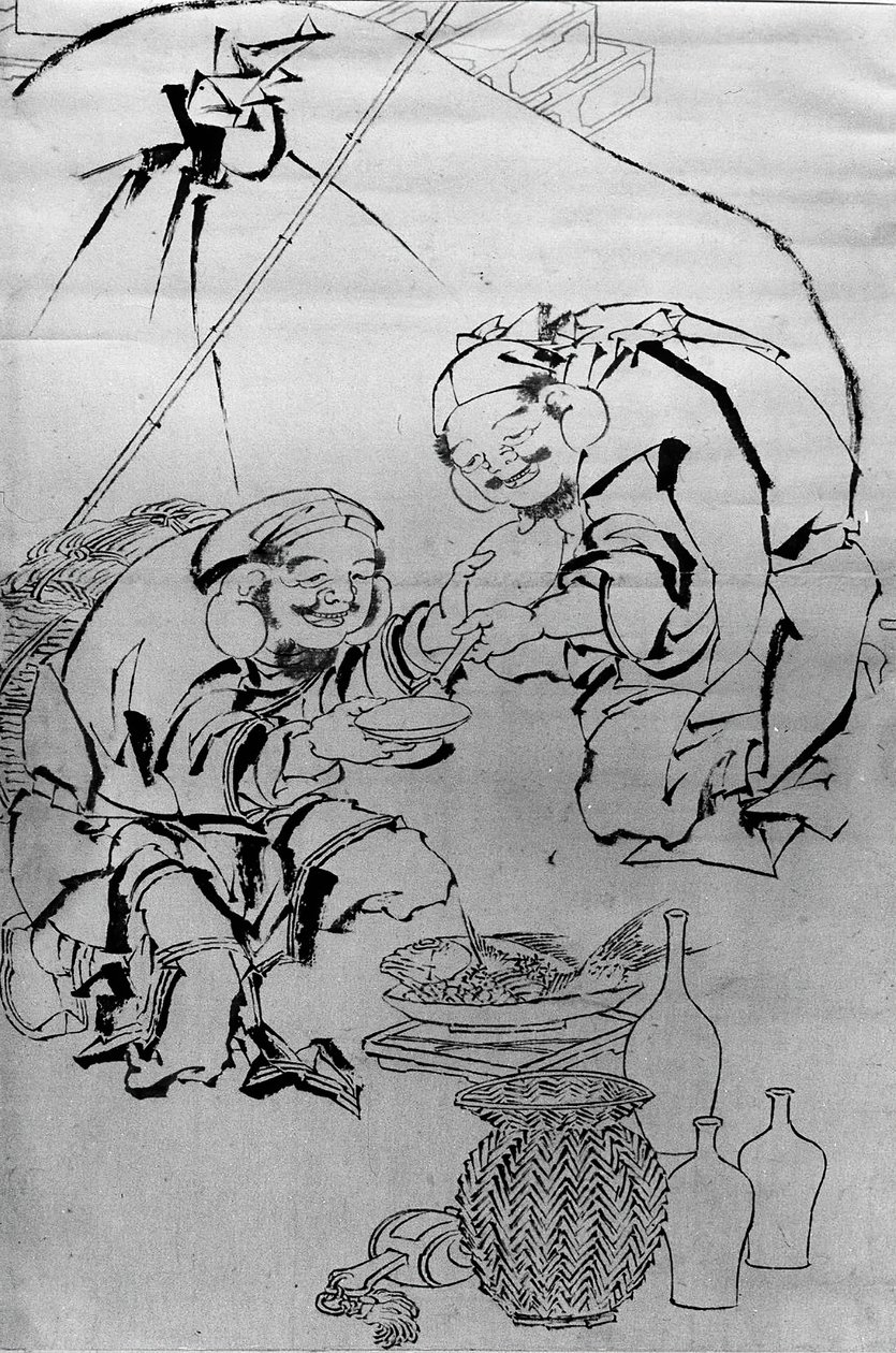 Ebisu ja Daikoku juhlivat uudenvuodenjuhlaa, 1700-1800-luku. tekijältä Katsushika Hokusai