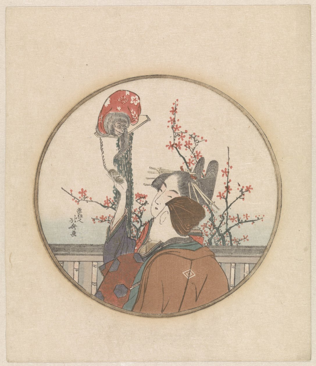 Pariskunta apinan ja kukkaoksan kanssa tekijältä Katsushika Hokusai