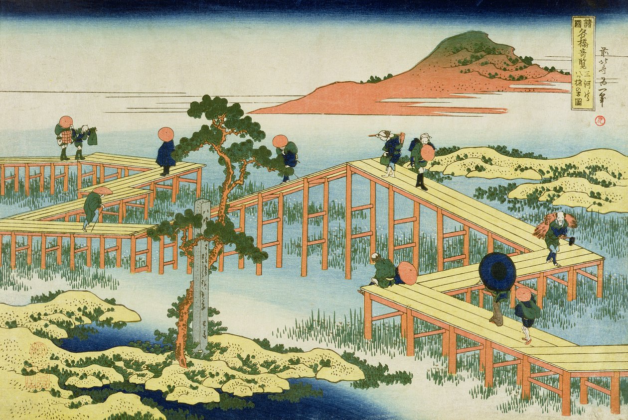 Kahdeksanosainen silta, Mucawan maakunta, Japani, n. 1830 (puupainatus) tekijältä Katsushika Hokusai
