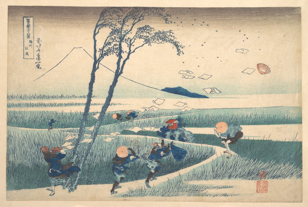 Ejiri Surugan maakunnassa (Sunshū Ejiri), sarjasta ”Fuji-vuoren 36 näkymää” (Fugaku sanjūrokkei) tekijältä Katsushika Hokusai