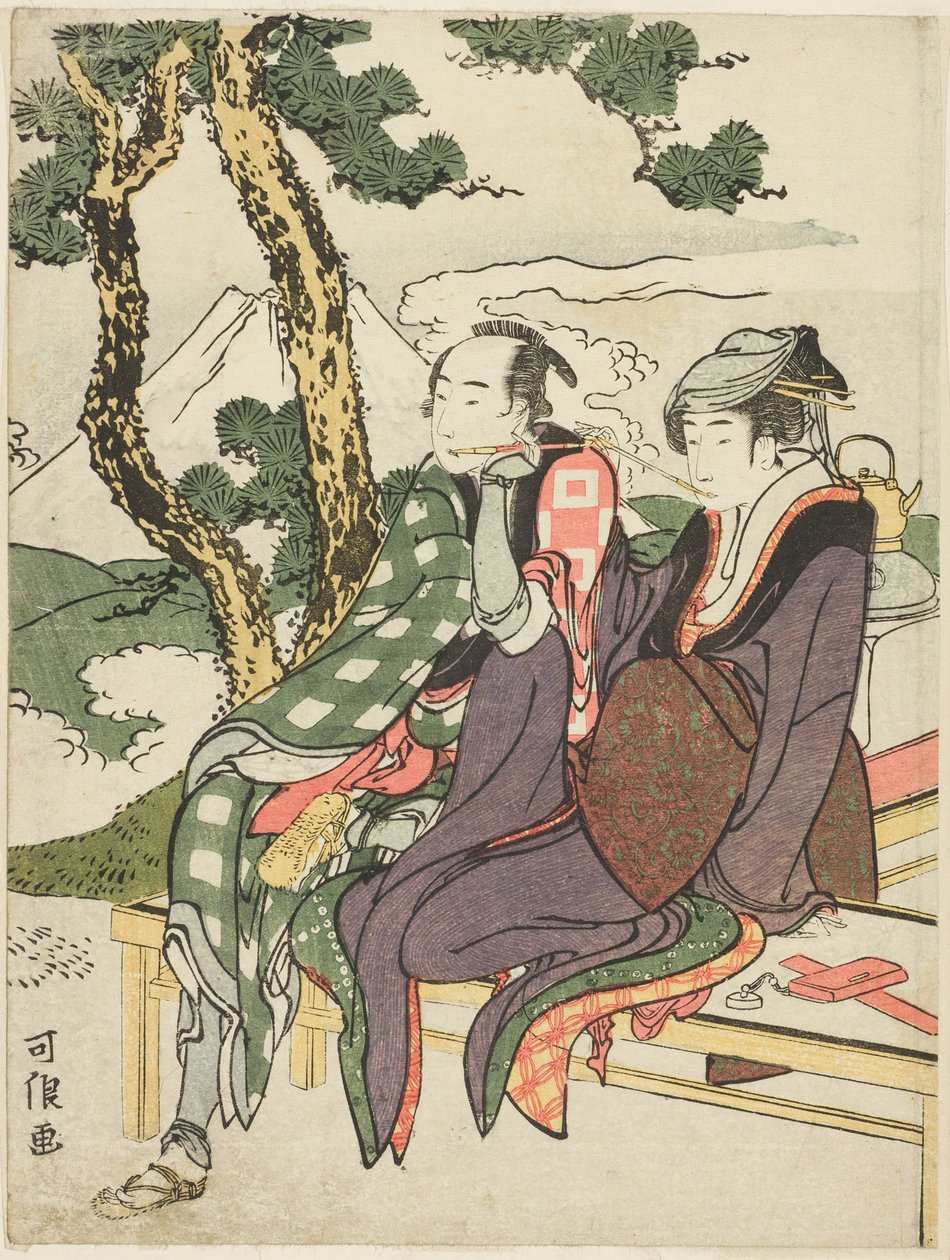 Evening Glow for Date no Yosaku ja Seki no Koman, nimettömästä sarjasta, joka tunnetaan nimellä "Kahdeksan näkymää traagisista rakastajista (Michiyuki hakkei)" tekijältä Katsushika Hokusai