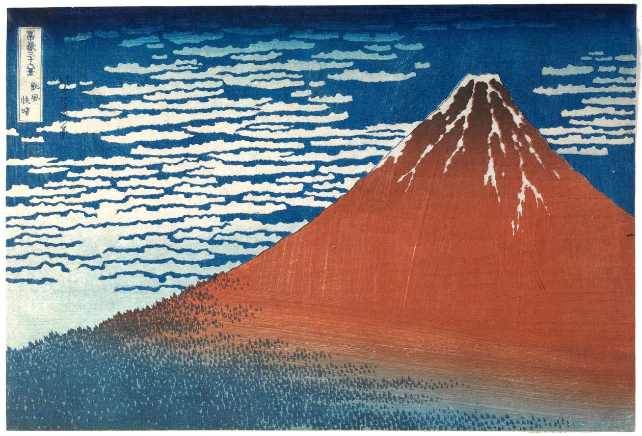 ”Hyvä tuuli, kirkas sää”, sarjasta ”36 näkymää Fuji-vuorelta” tekijältä Katsushika Hokusai