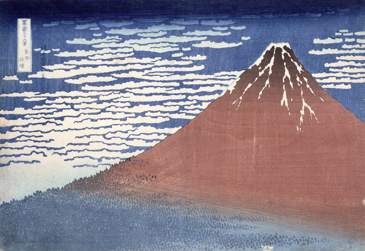 Hieno sää etelätuulella, julkaisusta "Fugaku sanjurokkei" (Kolmekymmentäkuusi näkymää Fuji-vuorelle) n. 1831 (värillinen puupainatus) tekijältä Katsushika Hokusai