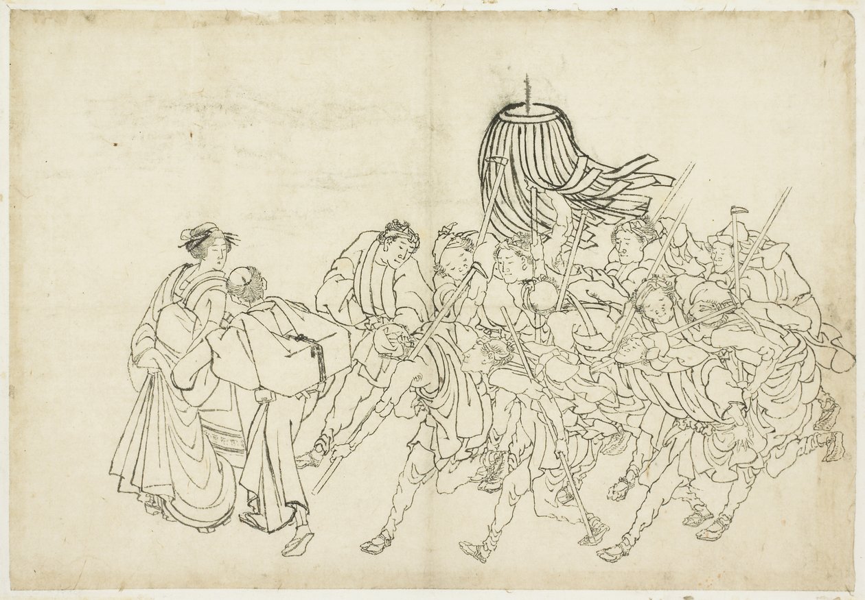 Palomiehet marssivat festivaaleilleen, 1615-1868 (muste paperille) tekijältä Katsushika Hokusai