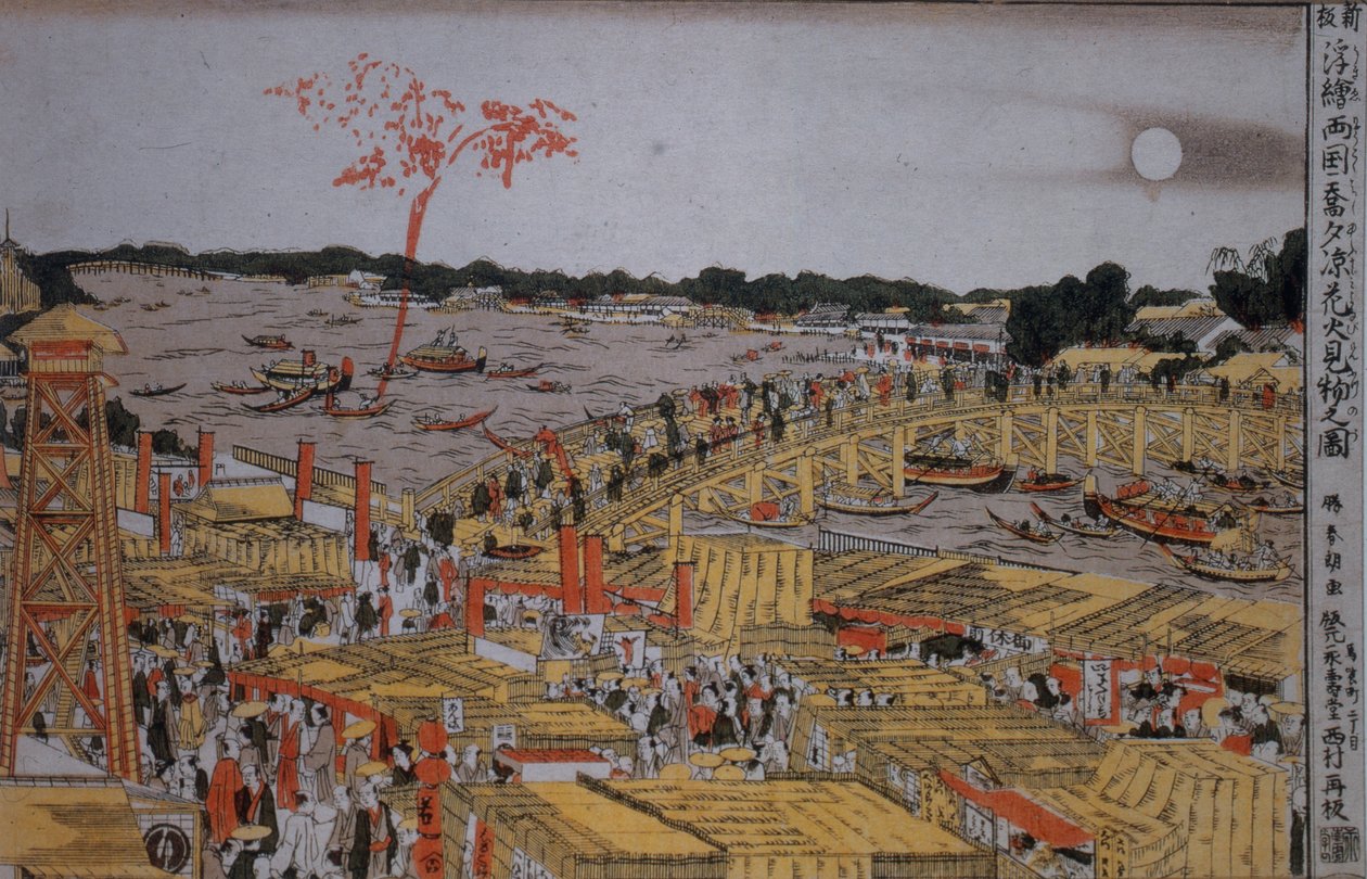 Ilotulitus Ryogokun sillalla, n. 1785 tekijältä Katsushika Hokusai
