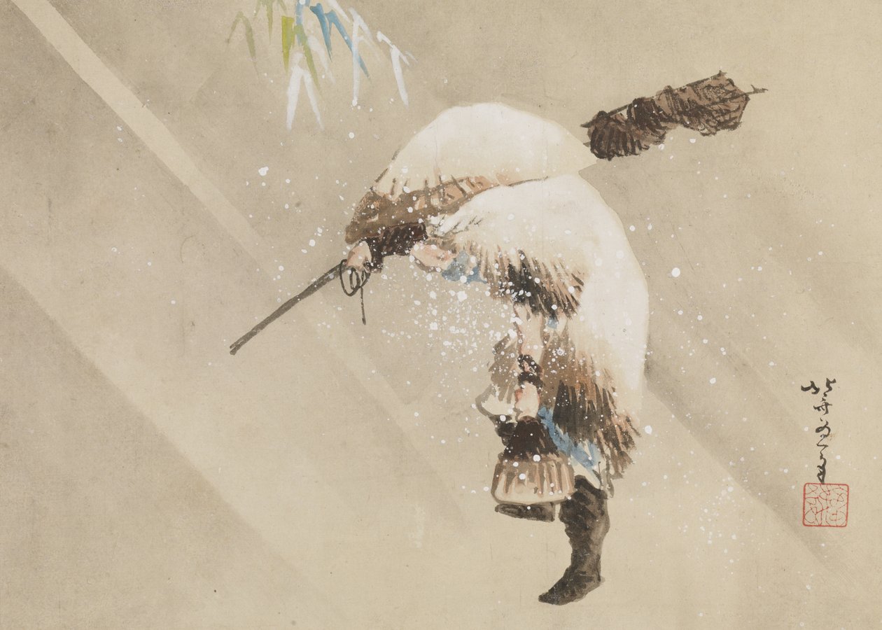 Pescar care își poartă plasa în zăpadă, c. 1821 (cerneală, culoare și gofun pe hârtie) finlandez tekijältä Katsushika Hokusai