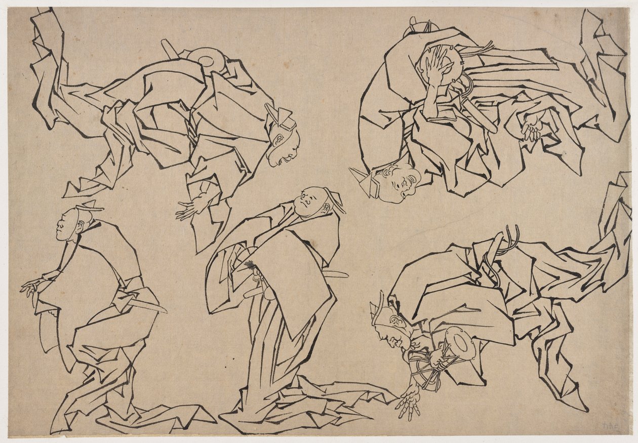 Viisi muusikkoa soittamassa rumpuja, 1700-luvun loppu - 1800-luvun alku. tekijältä Katsushika Hokusai