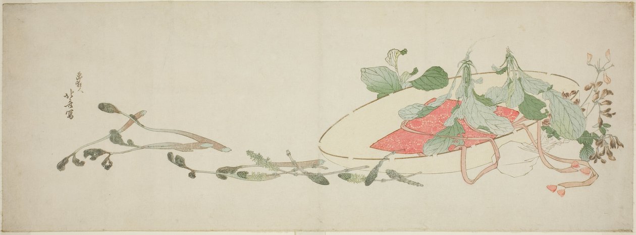 Kukkia ja kevätvihreitä hatussa tekijältä Katsushika Hokusai