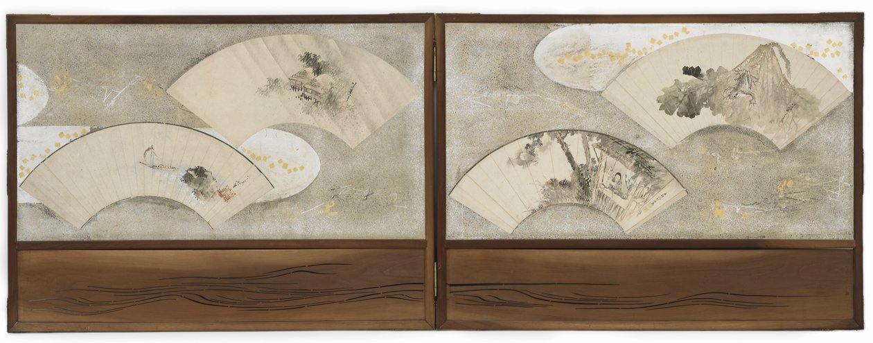 Neljä fanimaalausta: "Sammakko lootuslehdellä", "Scholar in a House", "Maisema" ja "Boat and Rock", Edo-kausi (muste ja väri paperille) tekijältä Katsushika Hokusai