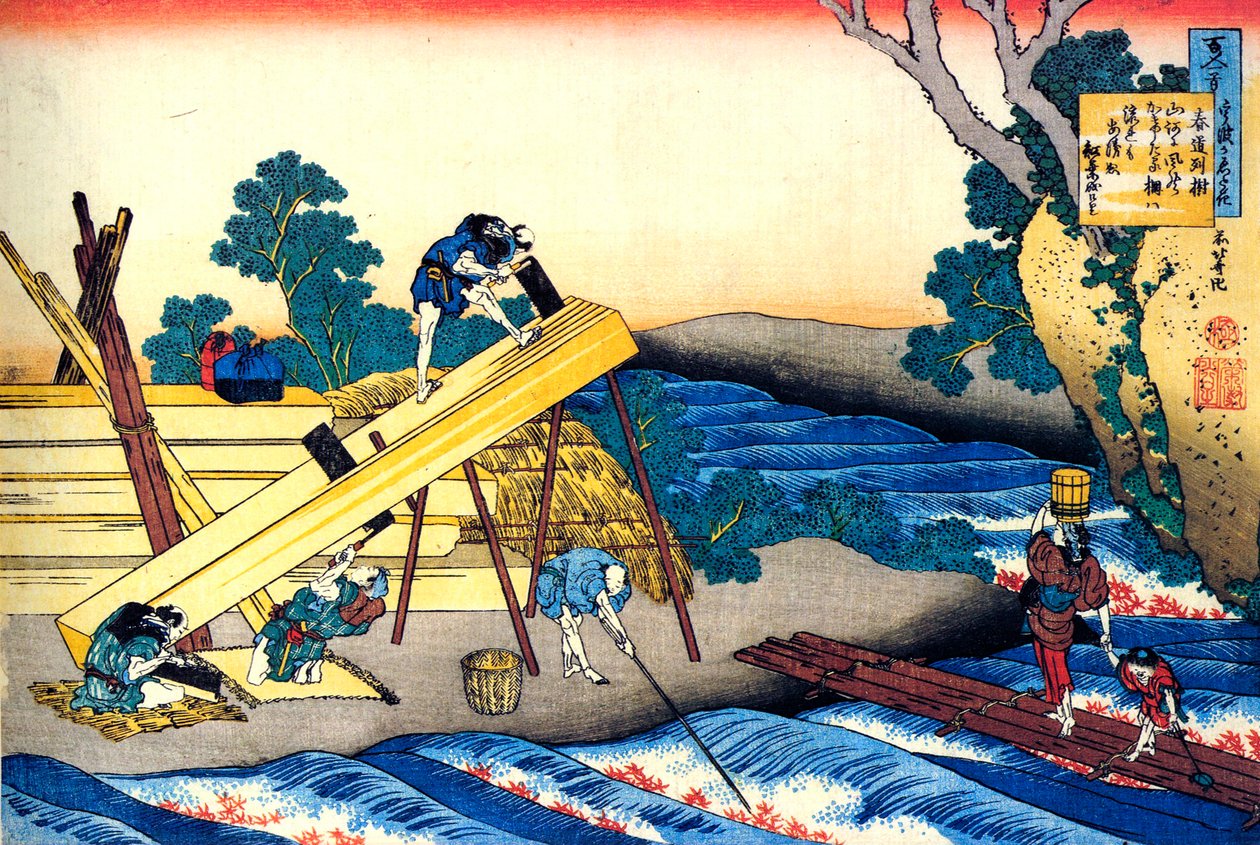 Sarjasta Sata runoa sadalta runoilijalta: Harumichi no Tsuraki, c1830. tekijältä Katsushika Hokusai