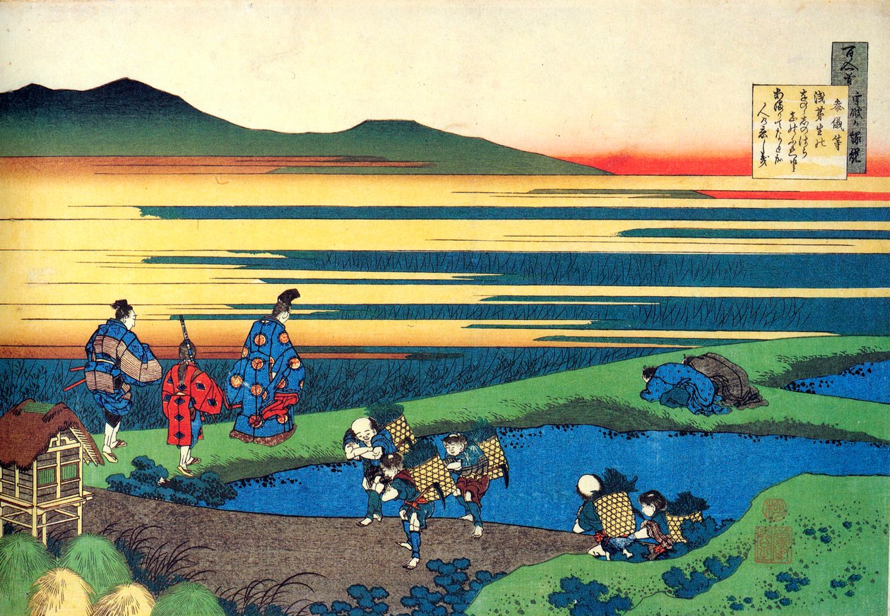 Sarjasta Sata runoa sadalta runoilijalta: Sanji Hitoshi, c1830. tekijältä Katsushika Hokusai