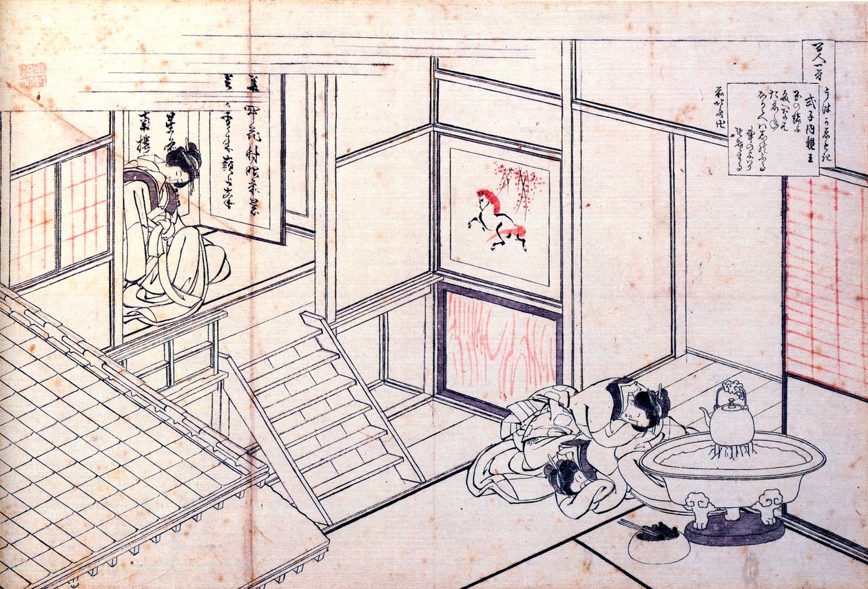 Sarjasta Sata runoa sadalta runoilijalta: Shikishi Naishinno, c1830. tekijältä Katsushika Hokusai