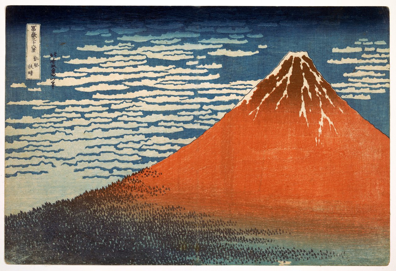 Fuji; Vuoret kirkkaalla säällä; 1831; sarjasta "36 Views of Mt. Fuji" (käsinvärinen puupalikkaprintti) tekijältä Katsushika Hokusai