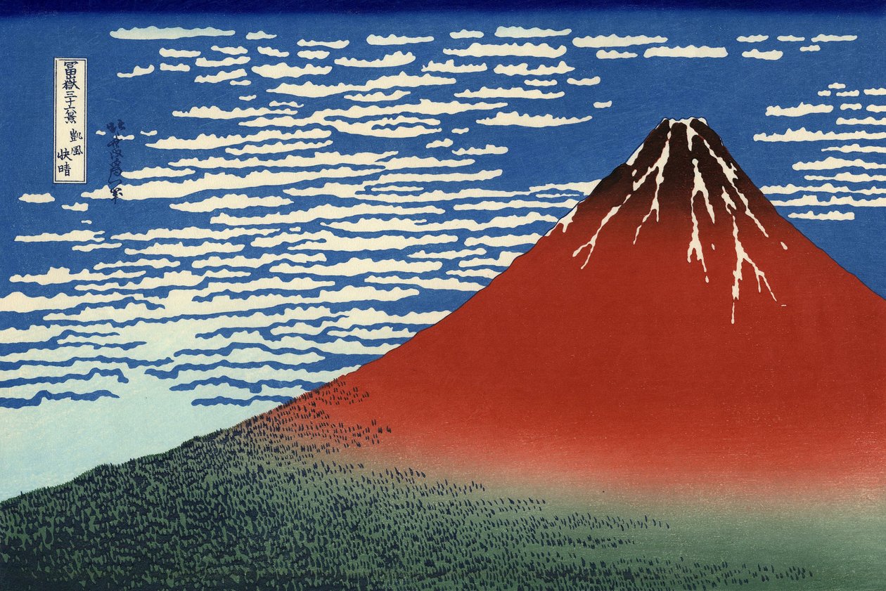 Fuji, Vuoria kirkkaalla säällä, "36 Views of Mount Fuji", pubista. 1831 tekijältä Katsushika Hokusai