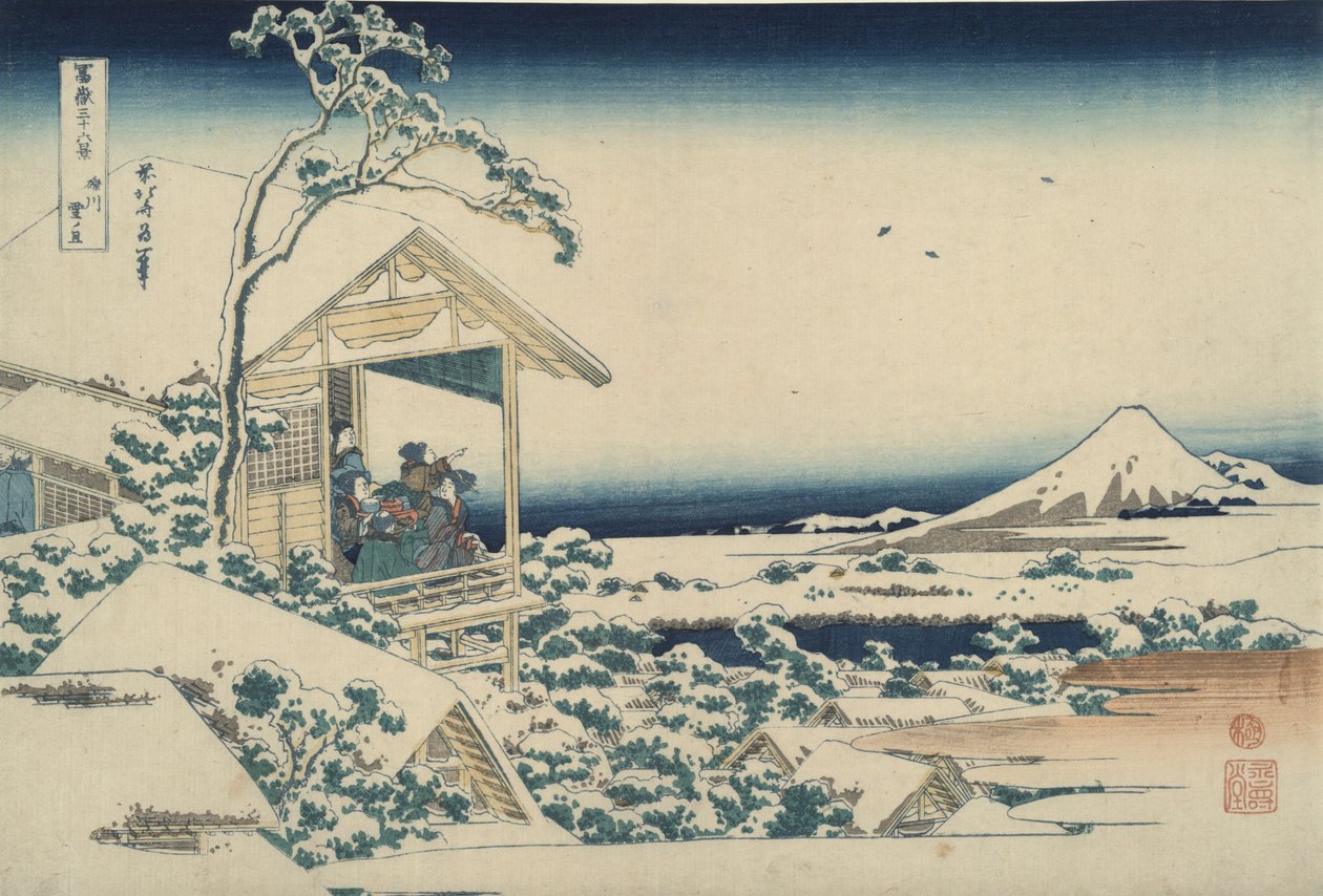 Fuji Koishikawasta lumisella aamulla, sarjasta Kolmekymmentäkuusi näkymää Fuji-vuorelle tekijältä Katsushika Hokusai