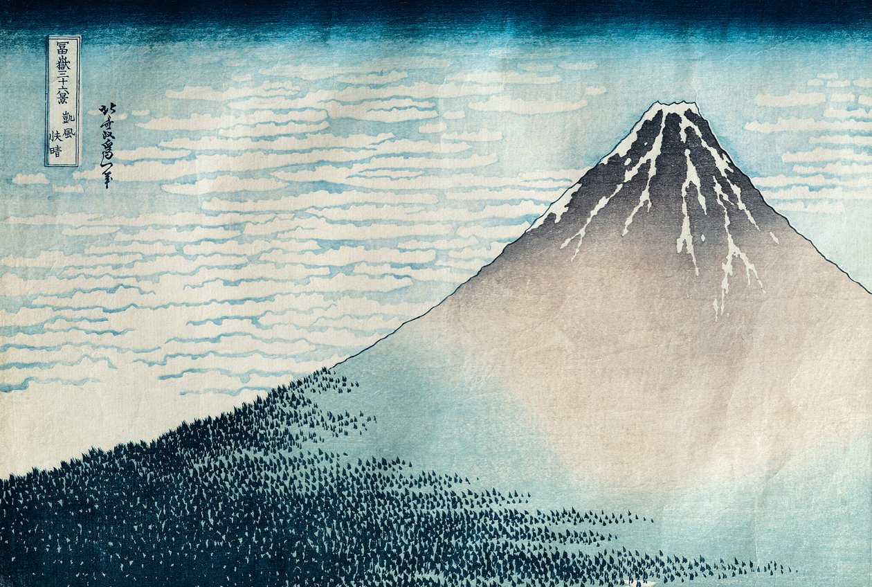 "Fuji kirkkaalla säällä", sarjasta "36 näkymää Fuji-vuorelta" (Fugaku sanjurokkei) (puupiirros) (katso myös 77485 ja 394). tekijältä Katsushika Hokusai