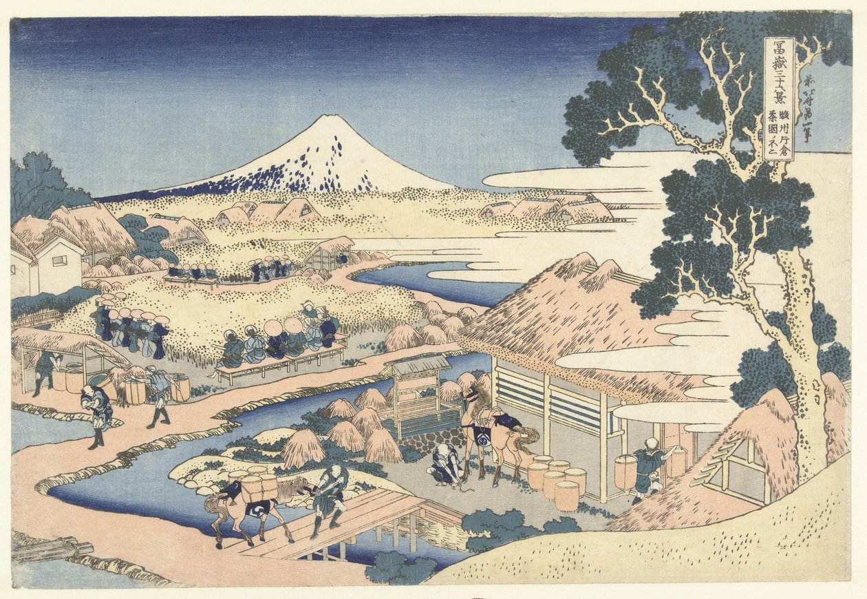 Fuji Katakura-teeplantaatiosta Surugan maakunnan maakunnassa Sunshu Katakura chaen no Fuji (otsikko esineessä) 36 näkymää Fuji-vuorelle (sarjan nimi) Fugaku sanjurokkei (sarjan nimi esineellä) tekijältä Katsushika Hokusai