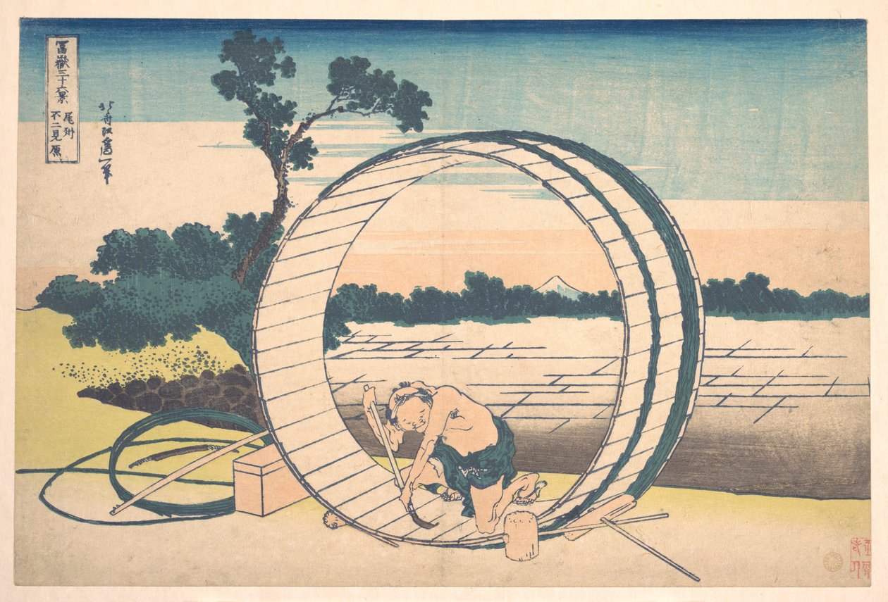 Fujimigahara Owarin maakunnassa (Bishū Fujimigahara), sarjasta ”36 näkymää Fuji-vuorelta” (Fugaku sanjūrokkei) tekijältä Katsushika Hokusai