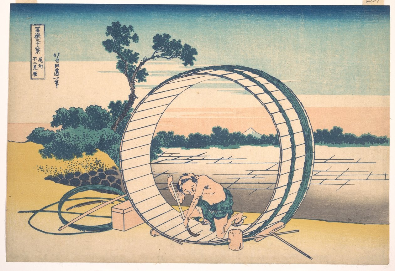 Fujimigahara Owarin maakunnassa (Bishū Fujimigahara), sarjasta ”36 näkymää Fuji-vuorelta” (Fugaku sanjūrokkei) tekijältä Katsushika Hokusai