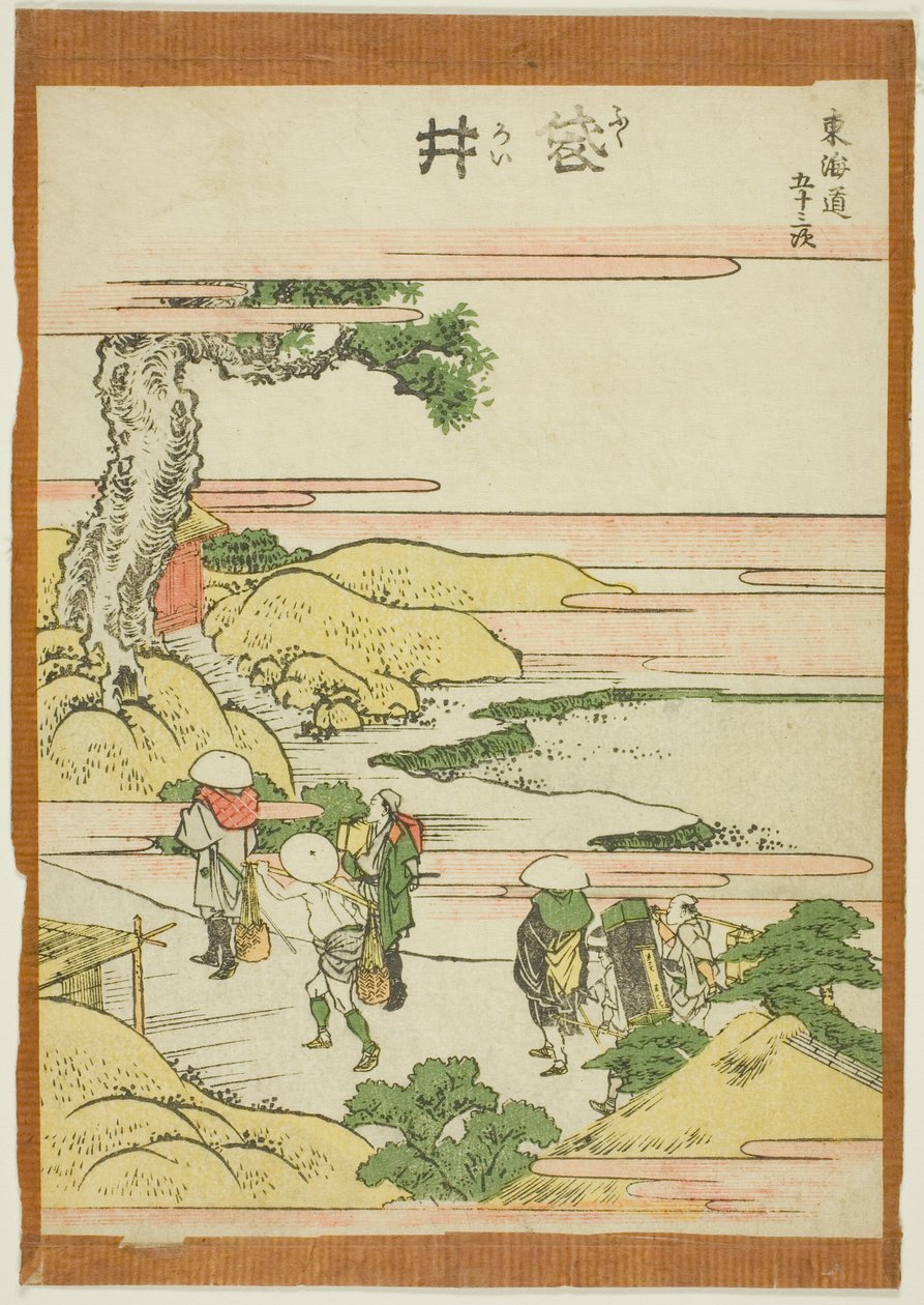 Fukoroi, sarjasta "Fifty-three Stations of the Tokaido (Tokaido gojusan tsugi)" tekijältä Katsushika Hokusai