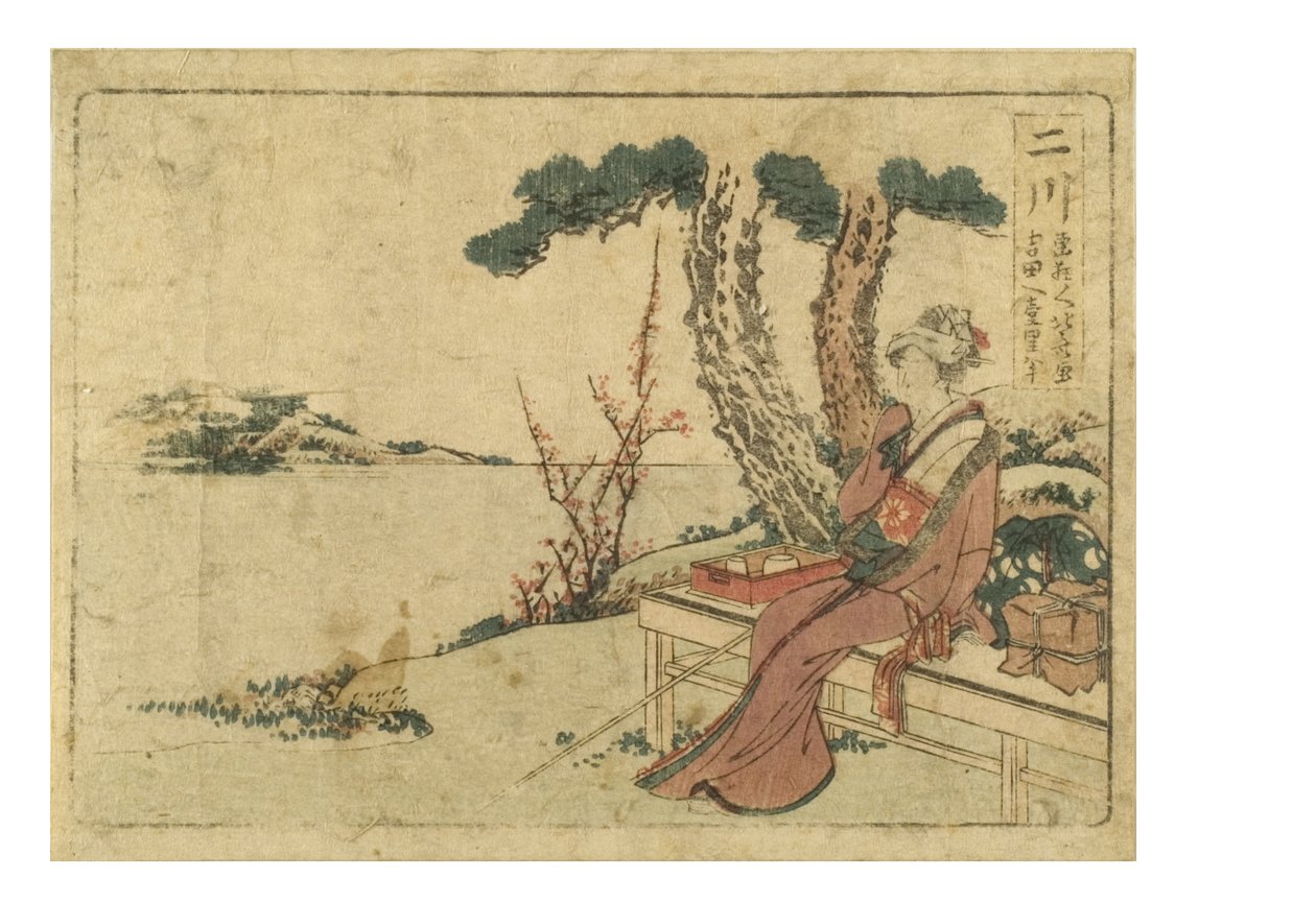 Futagawan asema Tokaido-tiellä Surimono Tokaido -sarjasta, n. 1800-1804 (puupalikka paperilla) tekijältä Katsushika Hokusai
