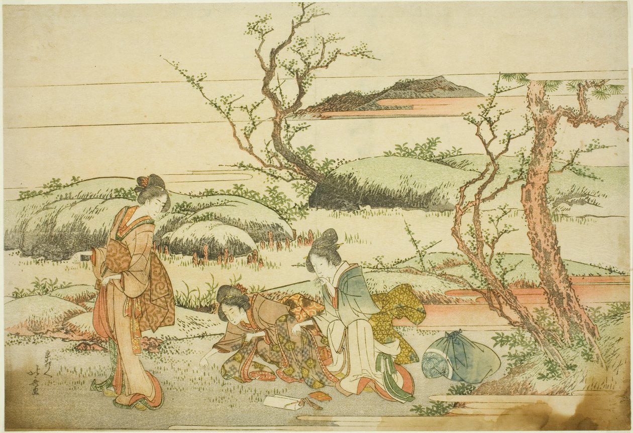 Keräämässä kevätvihreitä albumilta "Fuji in Spring (Haru no Fuji)" tekijältä Katsushika Hokusai