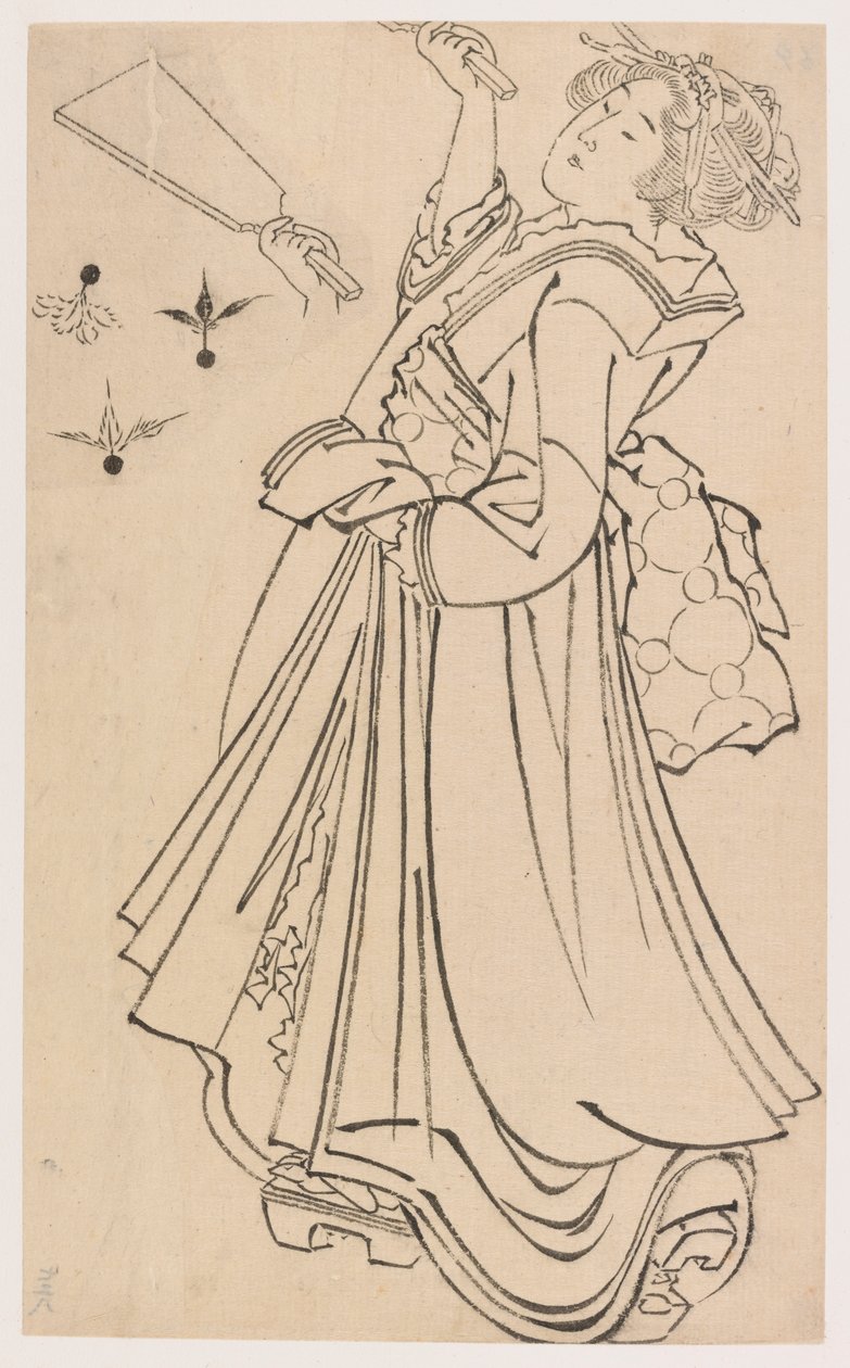 Tyttö leikkii taistelutorilla ja sulkapallolla, 1700-luvun loppu - 1800-luvun alku. tekijältä Katsushika Hokusai