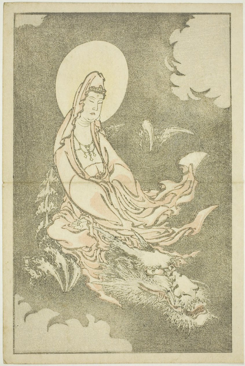 Jumalatar ratsastaa lohikäärmeen selässä, Hokusain realististen maalausten kuvakirjasta (Hokusai shashin gafu), noin 1814 (värillinen puupiirros (albumiarkki)). tekijältä Katsushika Hokusai