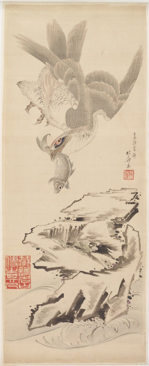 Haukka ja kalat, 1700-luvun loppu - 1800-luvun alku. tekijältä Katsushika Hokusai