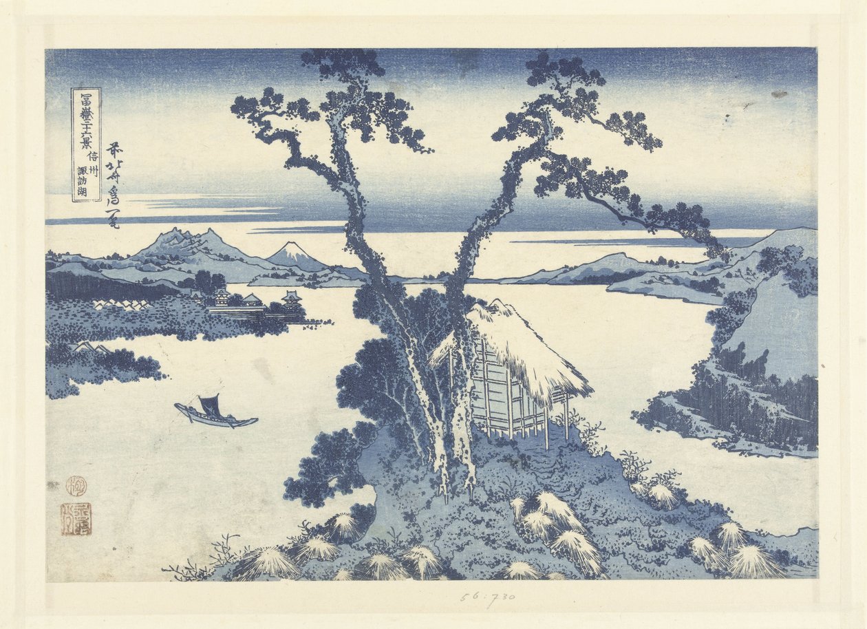 Suwajärvi Shinanossa, maakunnassa Shinshu Suwako (otsikko esineessä) 36 näkymää Fuji-vuorelle (sarjan nimi) Fugaku sanjurokkei (sarjan nimi esineellä) tekijältä Katsushika Hokusai