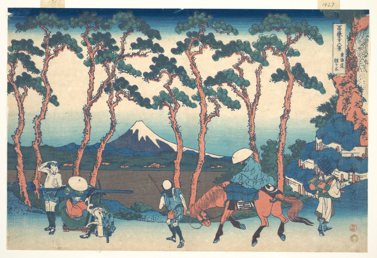 Hodogaya Tōkaidō-tiellä (Tōkaidō Hodogaya), sarjasta ”Fuji-vuoren 36 näkymää” (Fugaku sanjūrokkei) tekijältä Katsushika Hokusai