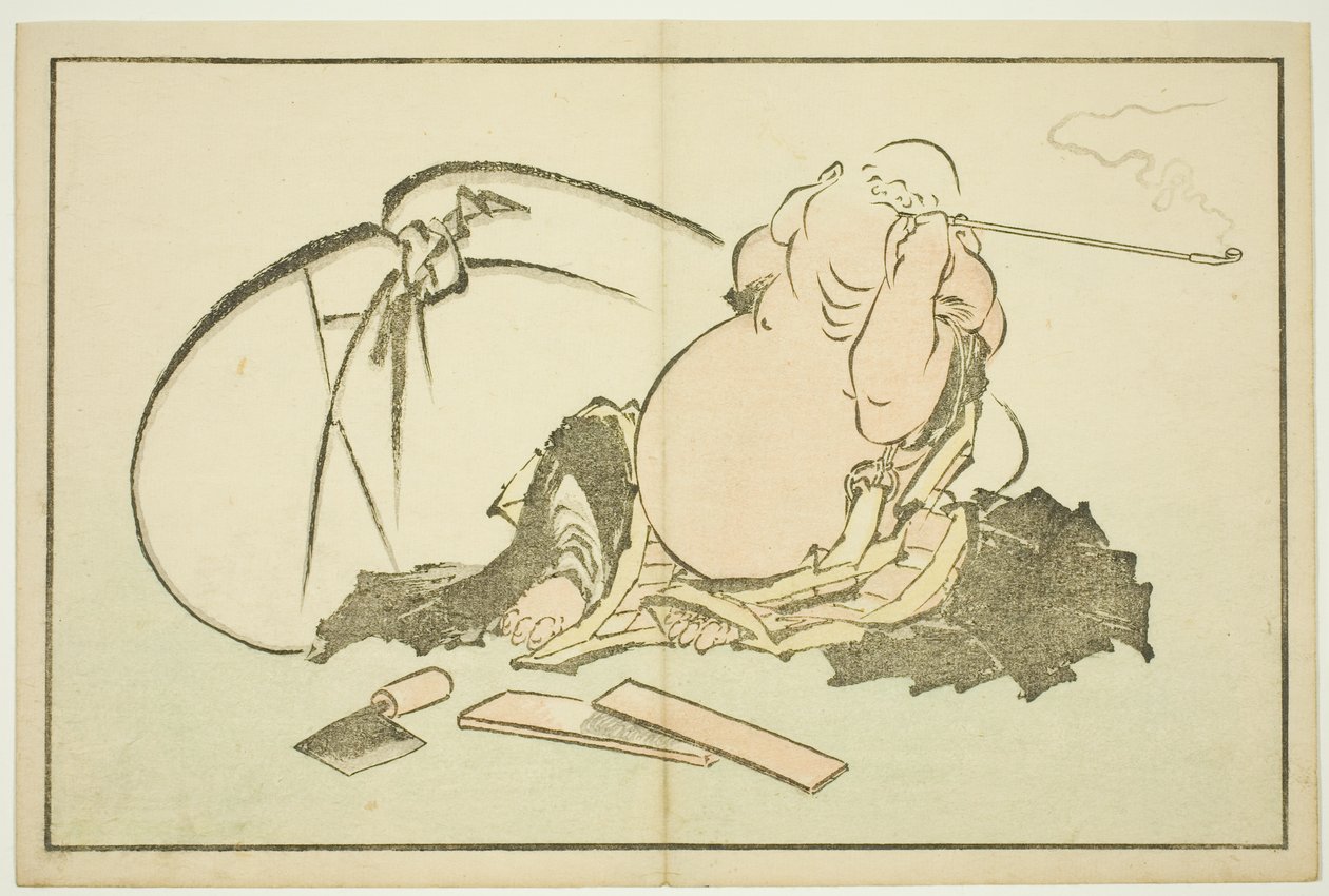 Hotei Smoking his Pipe, The Picture Book of Realistic Paintings of Hokusai (Hokusai shashin gafu) tekijältä Katsushika Hokusai
